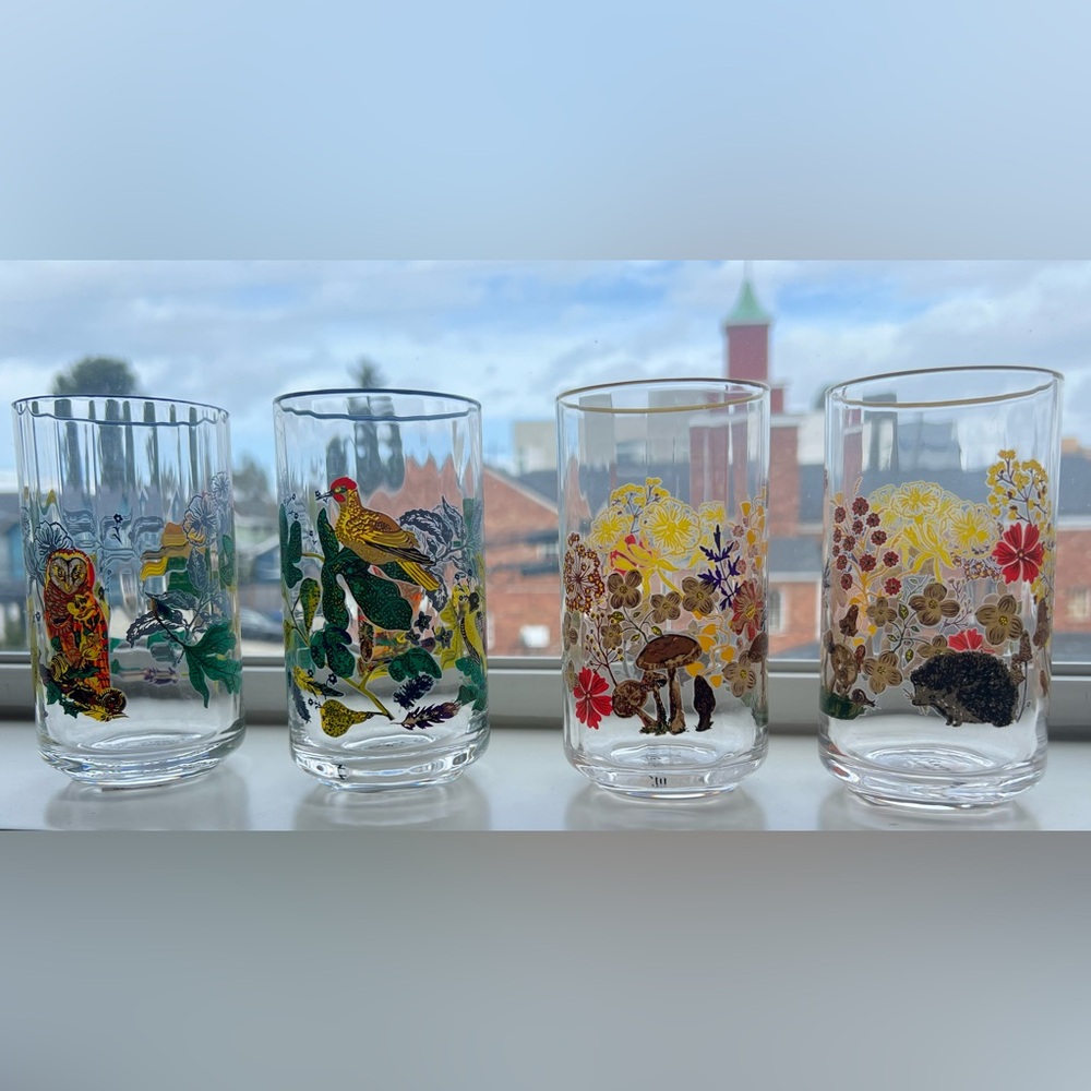 Anthropologie Nathalie Lete Juice Glasses / Birds, Hedgehog / Set of FOUR / NWT